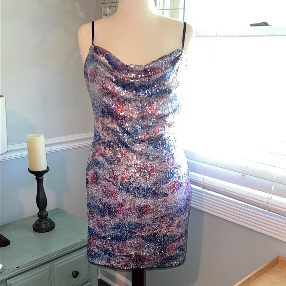 Liv Foster Pink and Blue Sequin Mini Dress Size 12